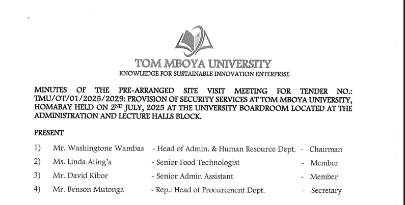 MINUTES  OF THE PRE-ARRANGED SITE VISIT MEETING FOR TENDER NO.: TMU/OT/01/2025/2029: PROVISION OF SECURITY SERVICES 