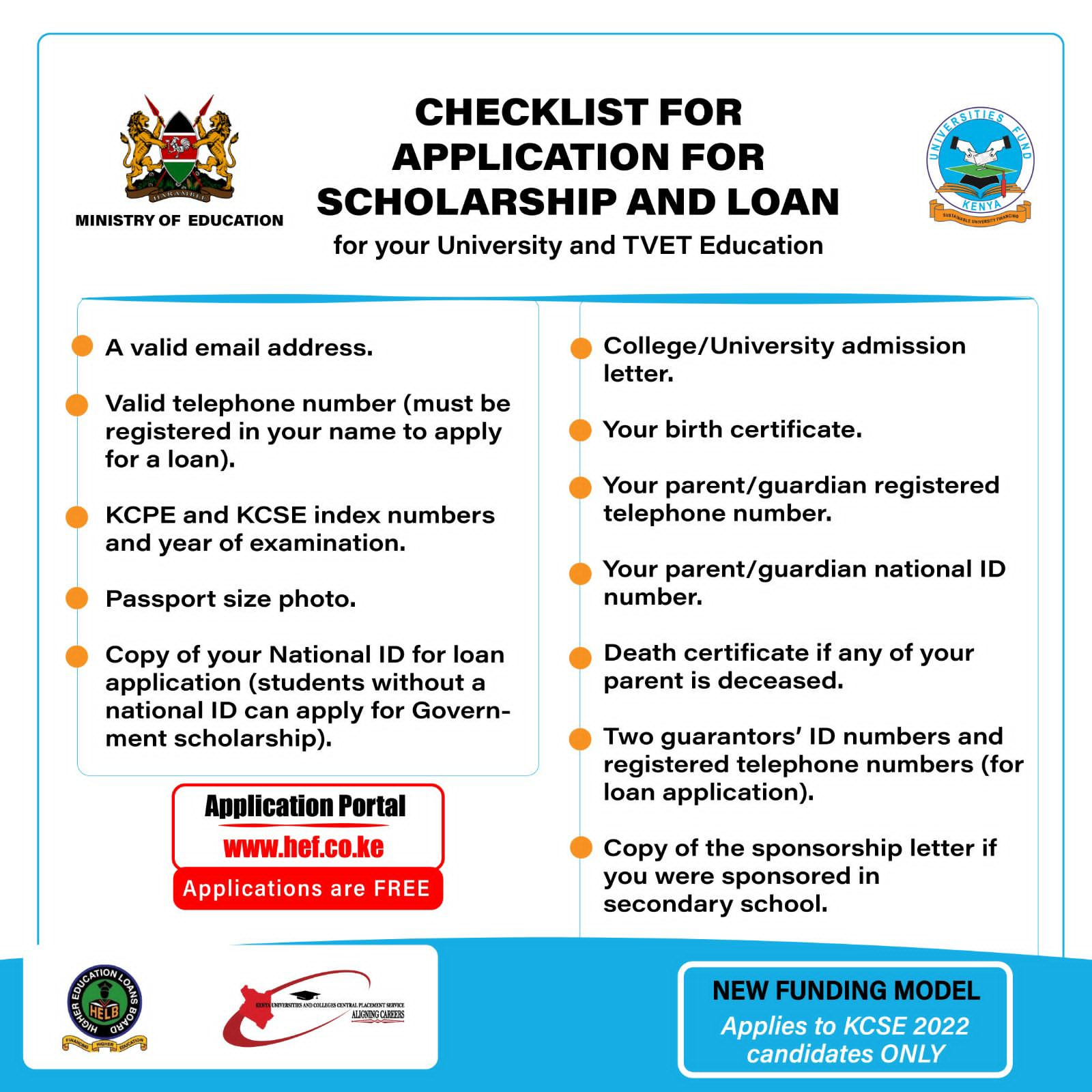 CHECKLIST FOR APPLICATION FOR SCHOLARSHIP AND LOAN